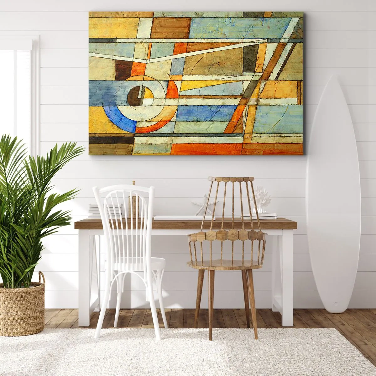 Obraz na płótnie - Geometryczna abstrakcja w odcieniach beżu, błękitu i pomarańczy - 70x50cm - Kubizm na budowie - Nowoczesna dekoracja ścienna do salonu i sypialni ARTTOR