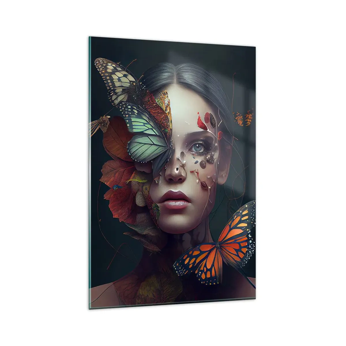 Obraz na szkle - Portret kobiety z motylami i elementami roślinnymi - 80x120cm - Cudowna metamorfoza - Nowoczesna dekoracja ścienna do salonu i sypialni ARTTOR
