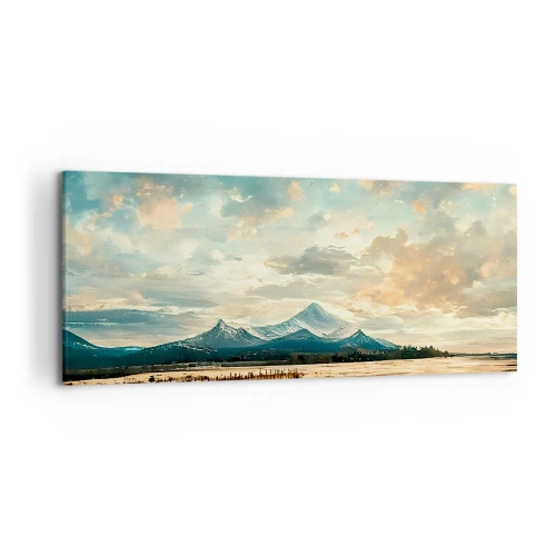 Obraz na płótnie - Malowniczy krajobraz z górą i spokojnym jeziorem - 120x50cm - Pod opieką nieba - Nowoczesna dekoracja ścienna do salonu i sypialni ARTTOR