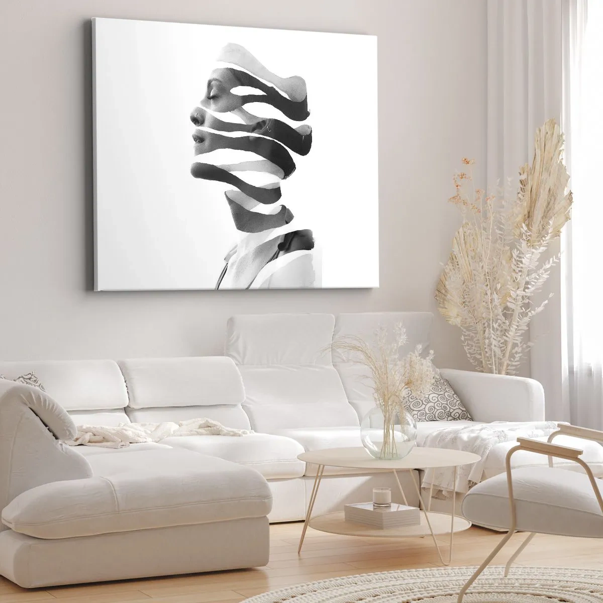 Obraz na płótnie - Czarno-biały portret kobiety z efektem surrealistycznych pasów - 70x50cm - Portret surrealistyczny - Nowoczesna dekoracja ścienna do salonu i sypialni ARTTOR