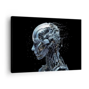 Obraz na płótnie - Futurystyczny portret cyborga w industrialnym stylu na czarnym tle - 70x50cm - Technologia jest kobietą - Nowoczesna dekoracja ścienna do salonu i sypialni ARTTOR