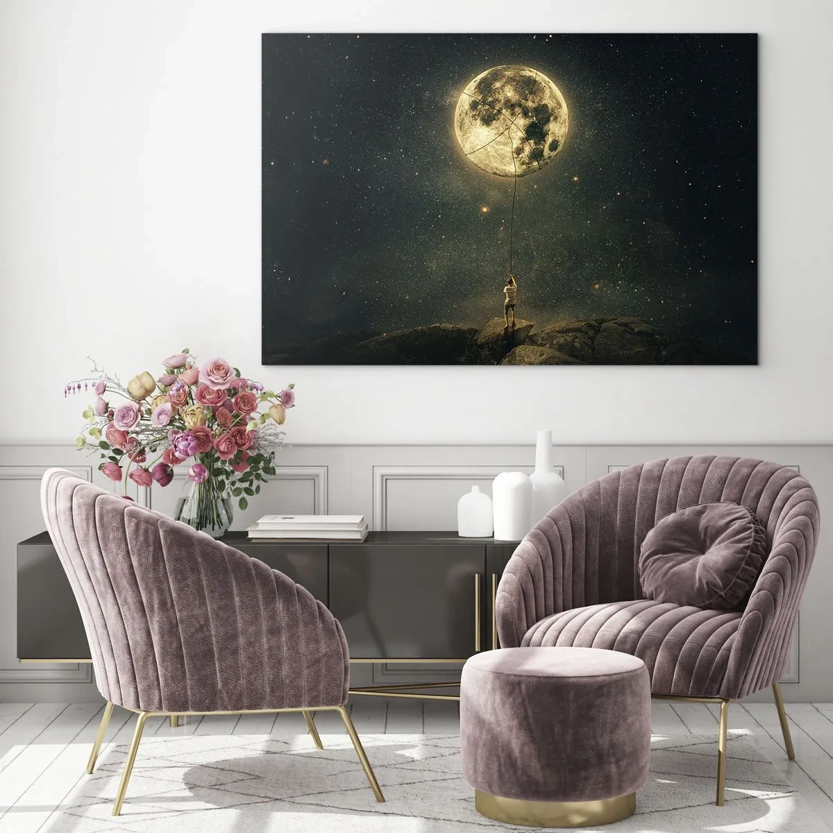 Obraz na szkle - Postać na skale trzymająca Księżyc uwięziony na linie - 70x50cm - Jeden taki, co ukradł Księżyc - Nowoczesna dekoracja ścienna do salonu i sypialni ARTTOR