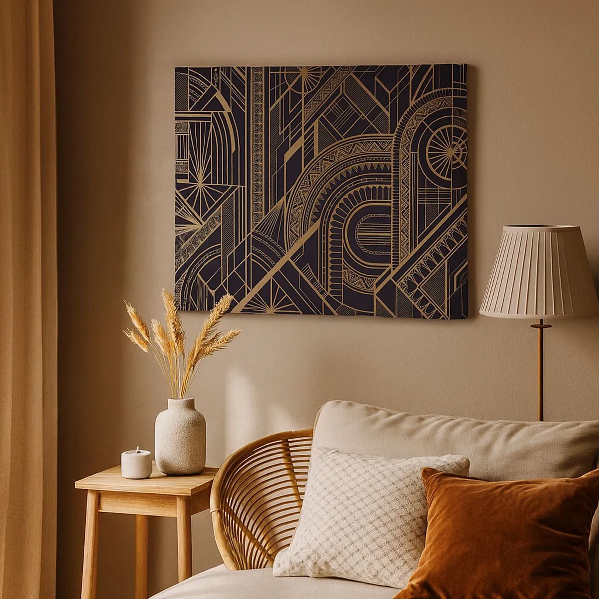 Obraz na płótnie - Złote geometryczne wzory na czarnym tle w stylu art deco - 70x50cm - Koncepty, idee, plany - Nowoczesna dekoracja ścienna do salonu i sypialni ARTTOR