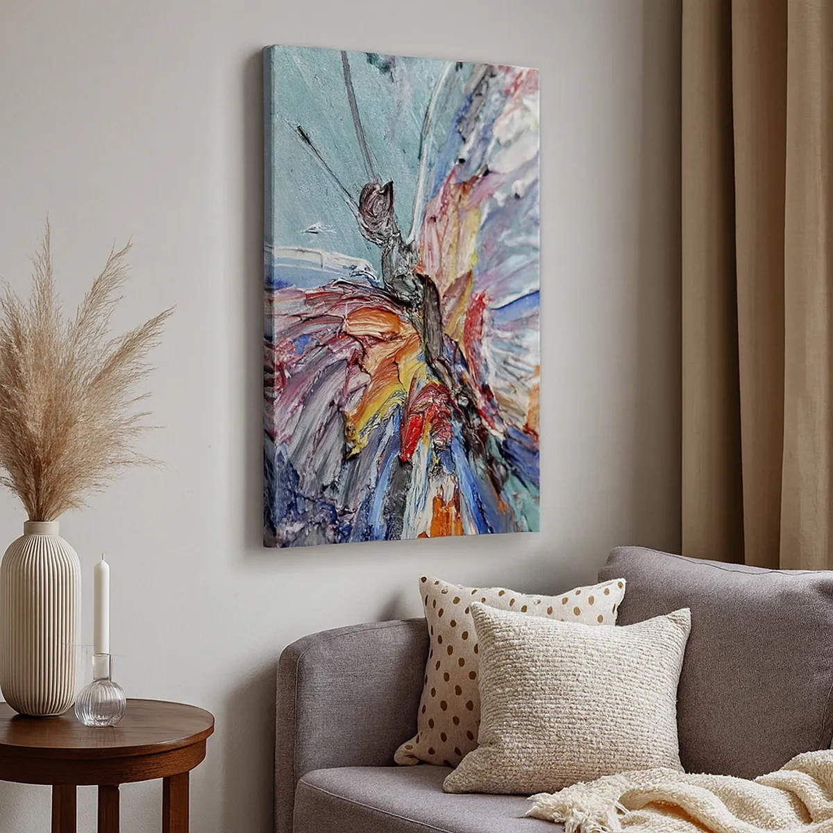 Obraz na płótnie - Abstrakcyjny motyl w technice impasto z kolorowymi detalami - 50x70cm - Pomalowany przez naturę - Nowoczesna dekoracja ścienna do salonu, kuchni i sypialni ARTTOR