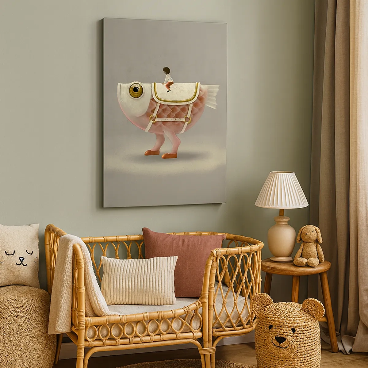 Obraz na płótnie - Fantastyczna ilustracja przedstawiająca rybę z nogami i jeźdźcem - 50x70cm - Ryboński jeździec - Nowoczesna dekoracja ścienna do salonu, kuchni i sypialni ARTTOR