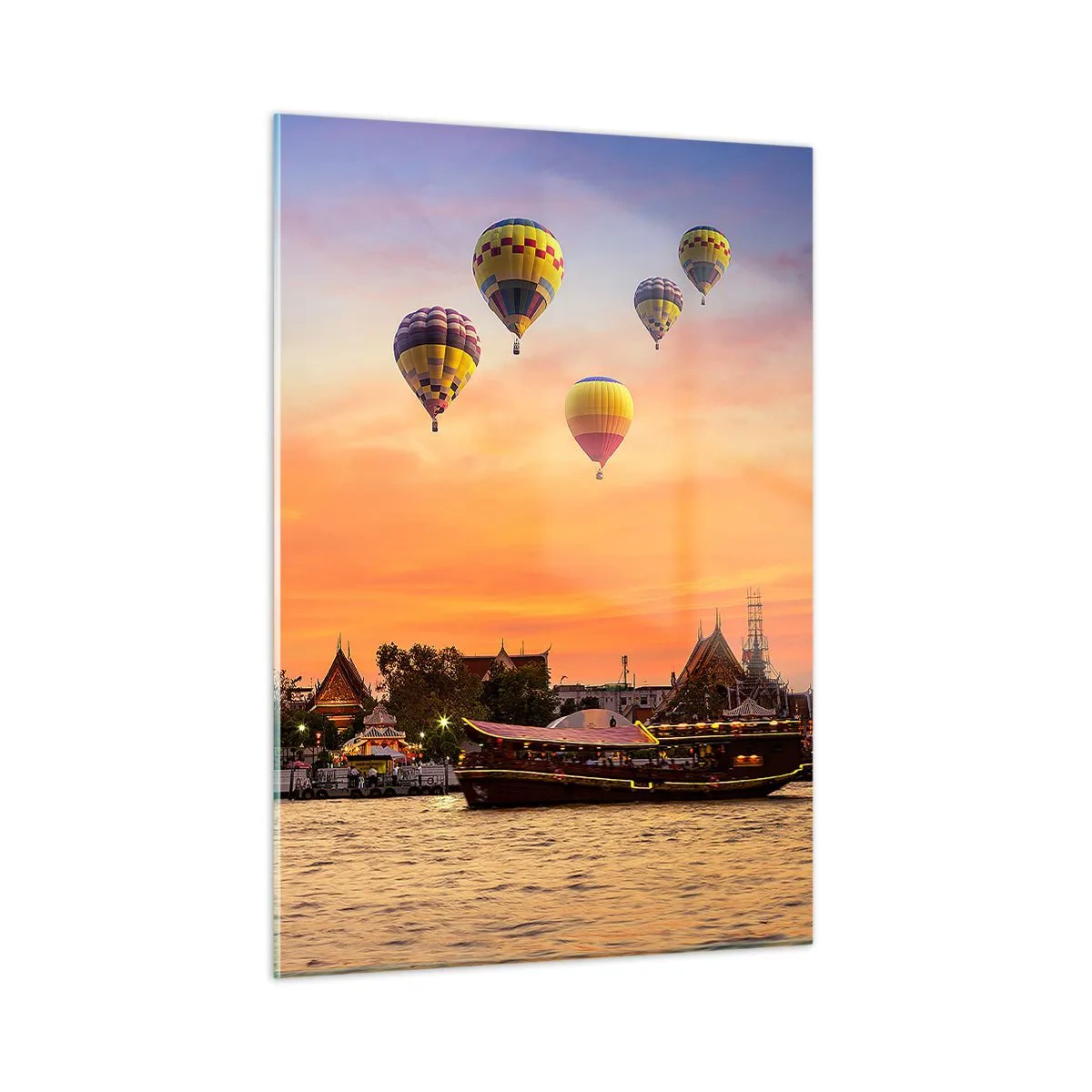 Obraz na szkle - Świątynia nad rzeką o zachodzie słońca z balonami - 50x70cm - Tutaj rodzą się baśnie - Nowoczesna dekoracja ścienna do salonu, kuchni i sypialni ARTTOR