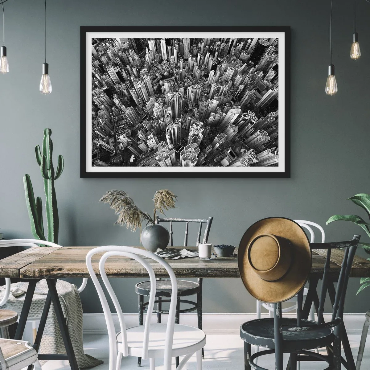 Plakat w czarnej ramie - Czarno-biały widok miasta z lotu ptaka - 70x50cm - Wciąż wyżej i wyżej - Nowoczesna dekoracja ścienna do salonu i sypialni ARTTOR