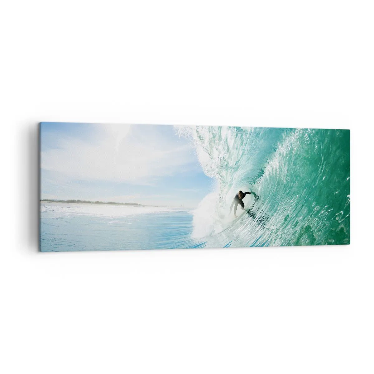 Obraz na płótnie - Surfer na fali w świetle słońca na tle błękitnego nieba - 140x50cm - Zawsze na fali - Nowoczesna dekoracja ścienna do salonu i sypialni ARTTOR