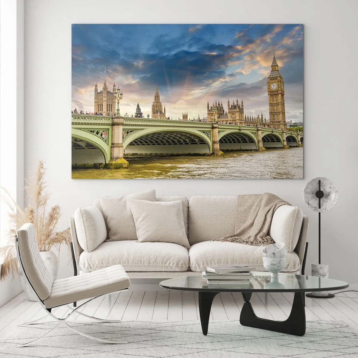 Obraz na szkle - Big Ben i Westminster Bridge o zachodzie słońca - 120x80cm - Czas stanął w Imperium - Nowoczesna dekoracja ścienna do salonu, kuchni i sypialni ARTTOR