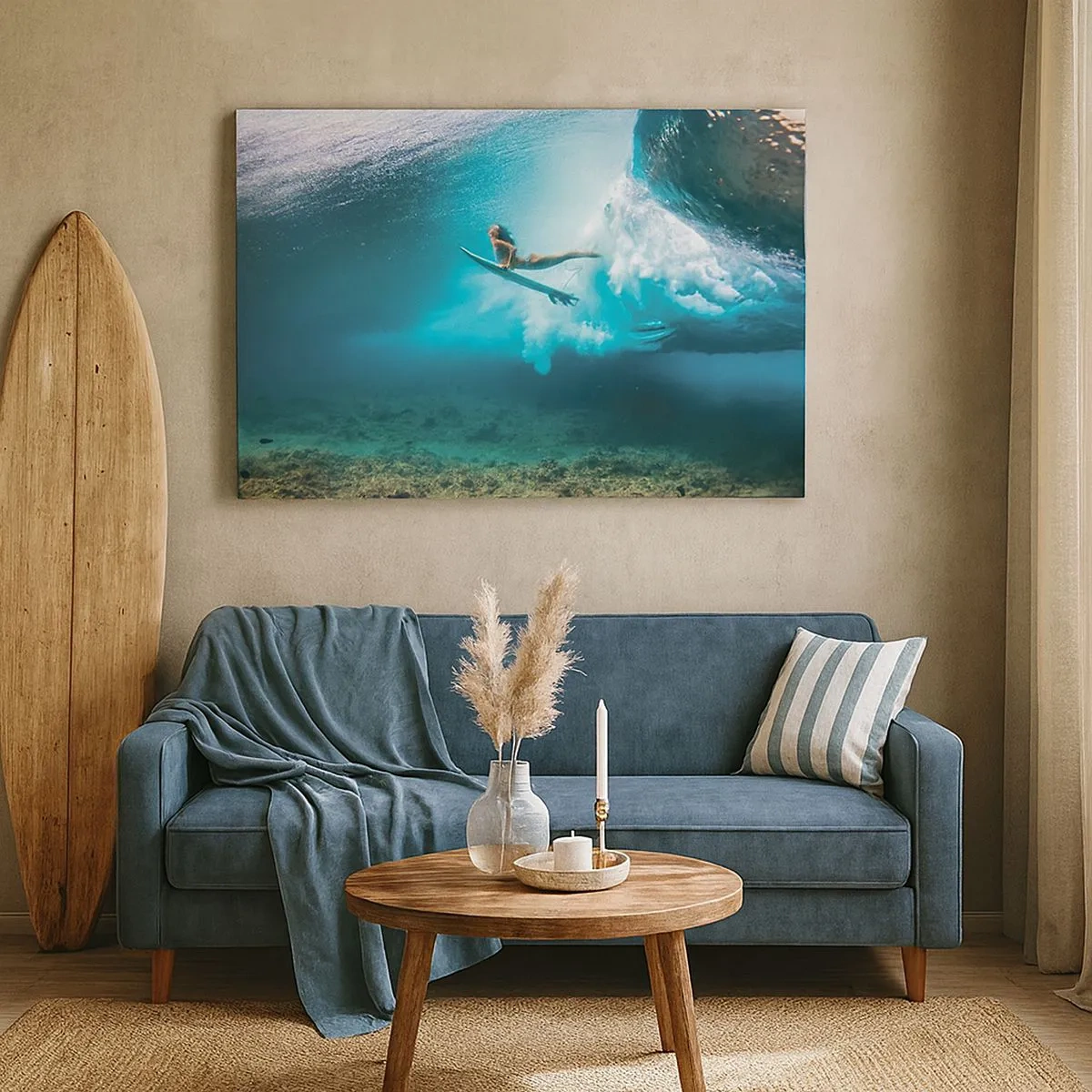 Obraz na płótnie - Surferka pod falą w błękitnej wodzie oceanu - 70x50cm - Podwodny świat - Nowoczesna dekoracja ścienna do salonu i sypialni ARTTOR