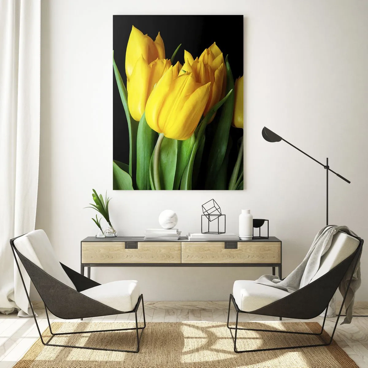Obraz na szkle - Żółte tulipany na czarnym tle w eleganckim ujęciu - 50x70cm - Powstały z czystego słońca - Nowoczesna dekoracja ścienna do salonu, kuchni i sypialni ARTTOR