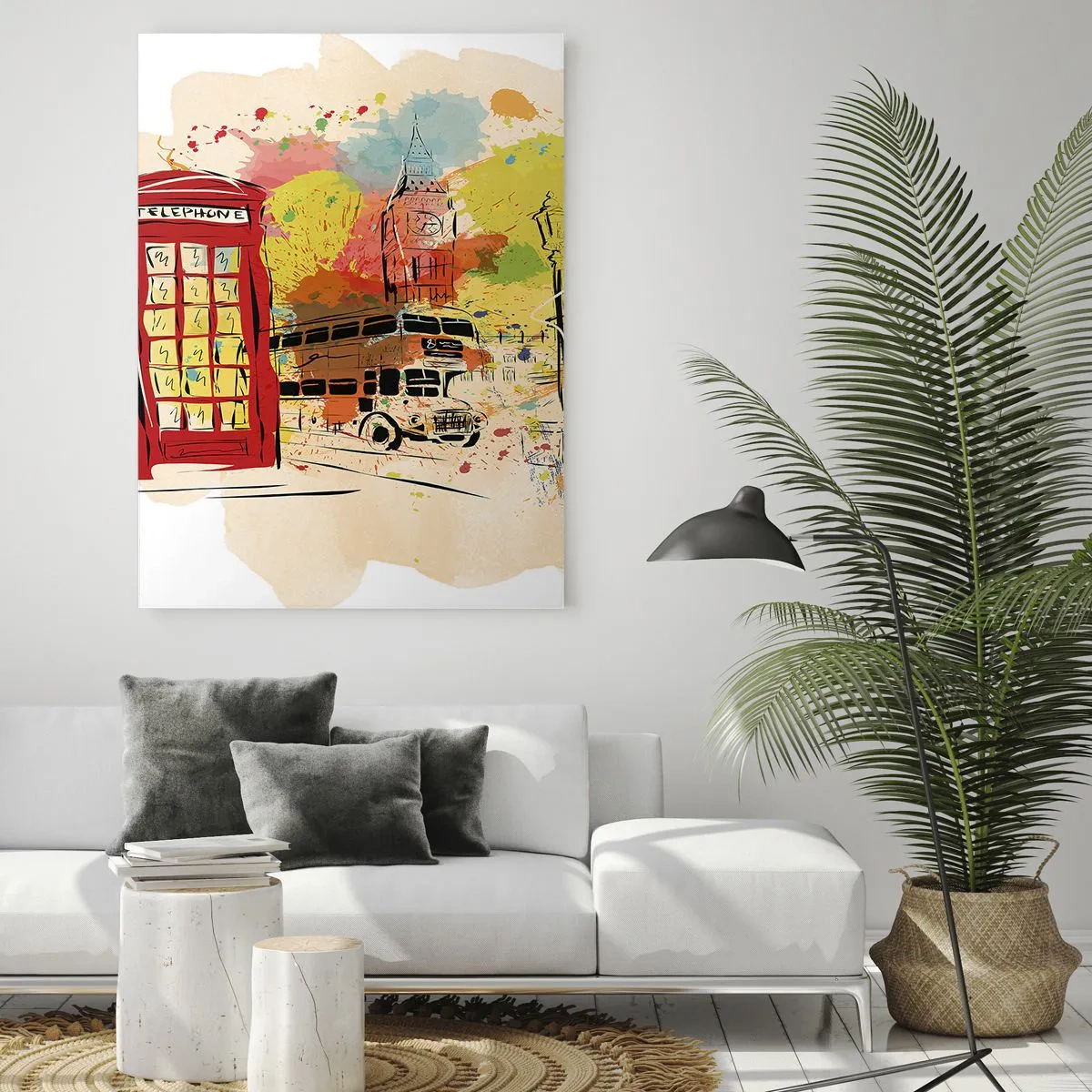 Obraz na szkle - Czerwona budka telefoniczna, piętrowy autobus i Big Ben - 50x70cm - Miasto rozmaitości - Nowoczesna dekoracja ścienna do salonu, kuchni i sypialni ARTTOR
