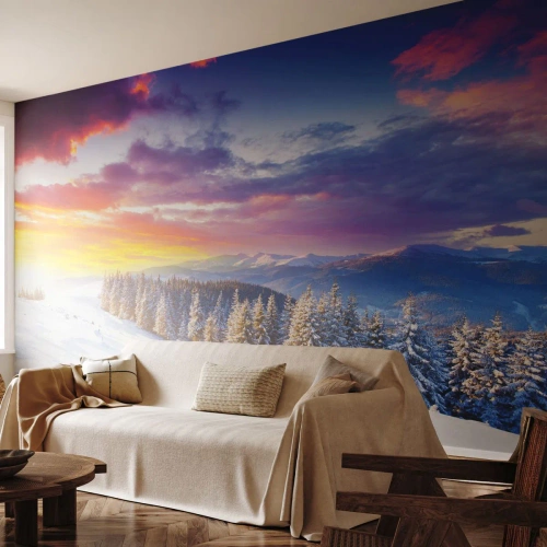 Fototapeta Premium Sand - Zimowy krajobraz górski o zachodzie słońca - 100x70cm - W biały dzień - Nowoczesna dekoracja ścienna do salonu, kuchni i sypialni ARTTOR