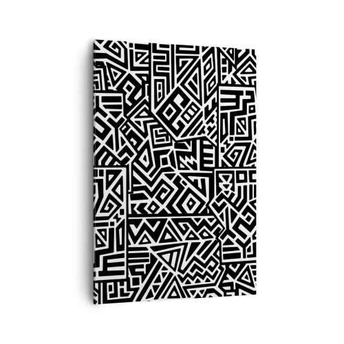 Obraz na płótnie - Czarno-białe geometryczne wzory inspirowane kulturą prekolumbijską - 70x100cm - Kompozycja prekolumbijska - Nowoczesna dekoracja ścienna do salonu i sypialni ARTTOR