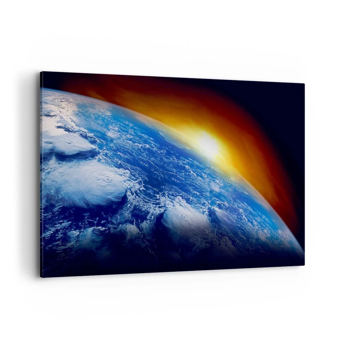 Obraz na płótnie - Widok na Ziemię z kosmosu przy zachodzącym słońcu - 100x70cm - Wschód słońca nad błękitną planetą - Nowoczesna dekoracja ścienna do salonu, kuchni i sypialni ARTTOR