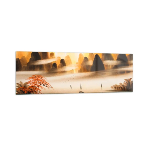 Obraz na szkle - Orientalny krajobraz z rzeką, górami i delikatną mgłą - 160x50cm - Dalej niż na Dalekim Wschodzie - Nowoczesna dekoracja ścienna do salonu i sypialni ARTTOR