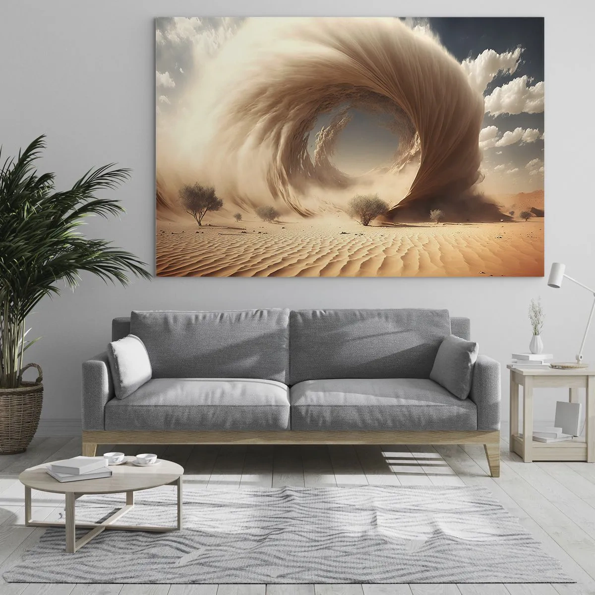 Obraz na szkle - Pustynny wir piaskowy tworzący portal z nieba i wydm - 70x50cm - Otwarty portal - Nowoczesna dekoracja ścienna do salonu i sypialni ARTTOR