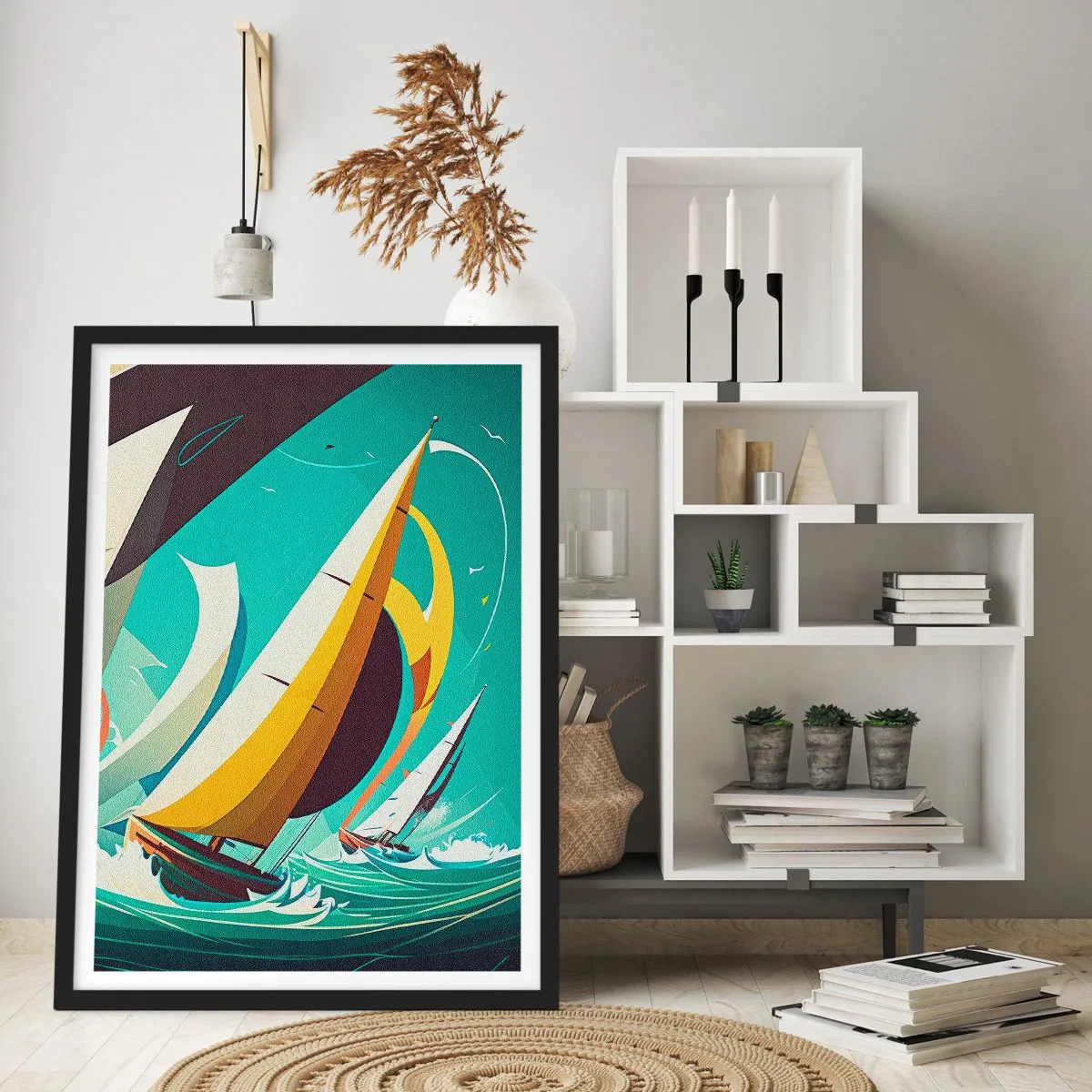 Plakat w czarnej ramie - Abstrakcyjne regaty żaglowe na wzburzonym morzu - 50x70cm - Z żywiołami za pan brat - Nowoczesna dekoracja ścienna do salonu i sypialni ARTTOR