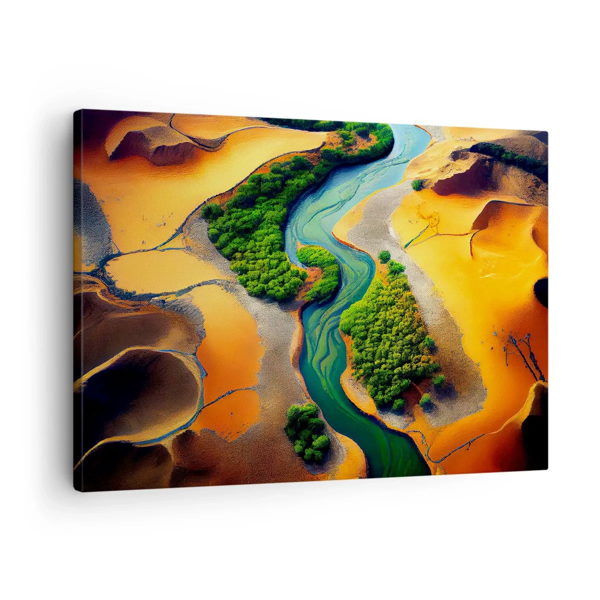 Obraz na płótnie - Zielona rzeka w otoczeniu złotych piasków i roślinności - 70x50cm - Życiodajna rzeka - Nowoczesna dekoracja ścienna do salonu i sypialni ARTTOR
