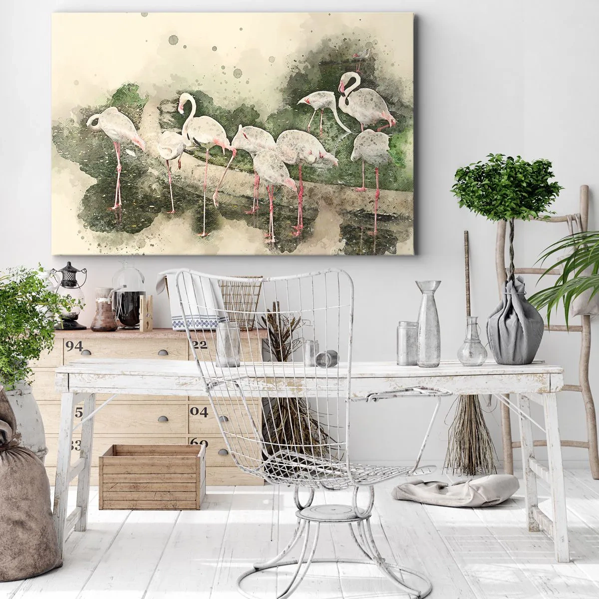 Obraz na płótnie - Flamingi w naturalnym otoczeniu w akwarelowym stylu - 70x50cm - Egzotyczny sen - Nowoczesna dekoracja ścienna do salonu i sypialni ARTTOR