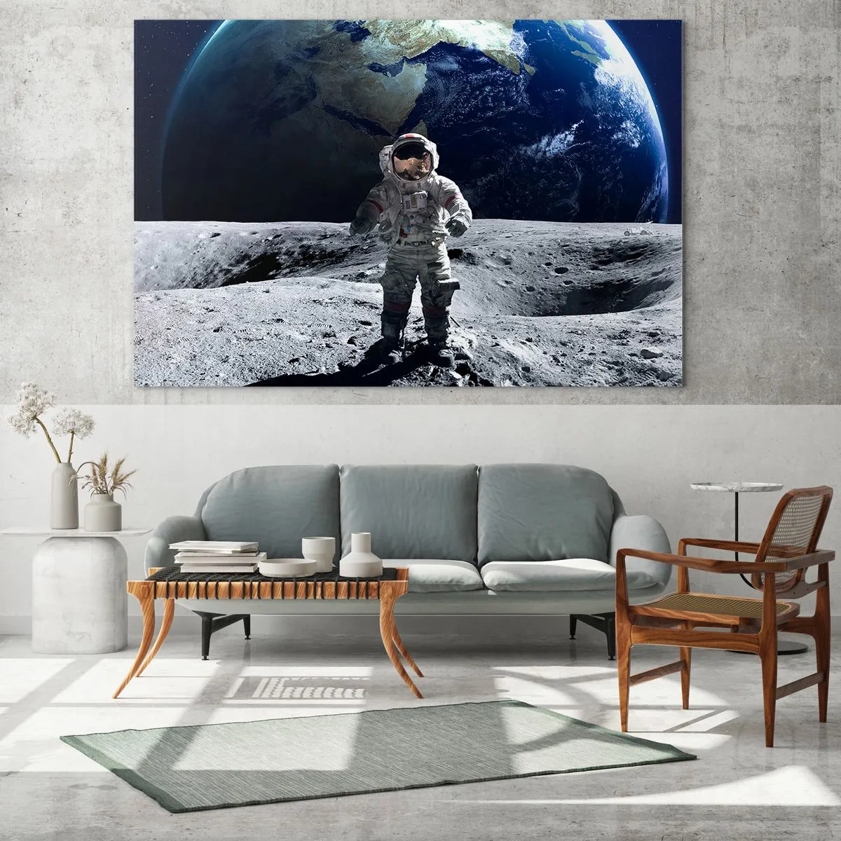 Obraz na szkle - Astronauta na powierzchni Księżyca z Ziemią w tle - 120x80cm - Pozdrowienia z Księżyca - Nowoczesna dekoracja ścienna do salonu, kuchni i sypialni ARTTOR