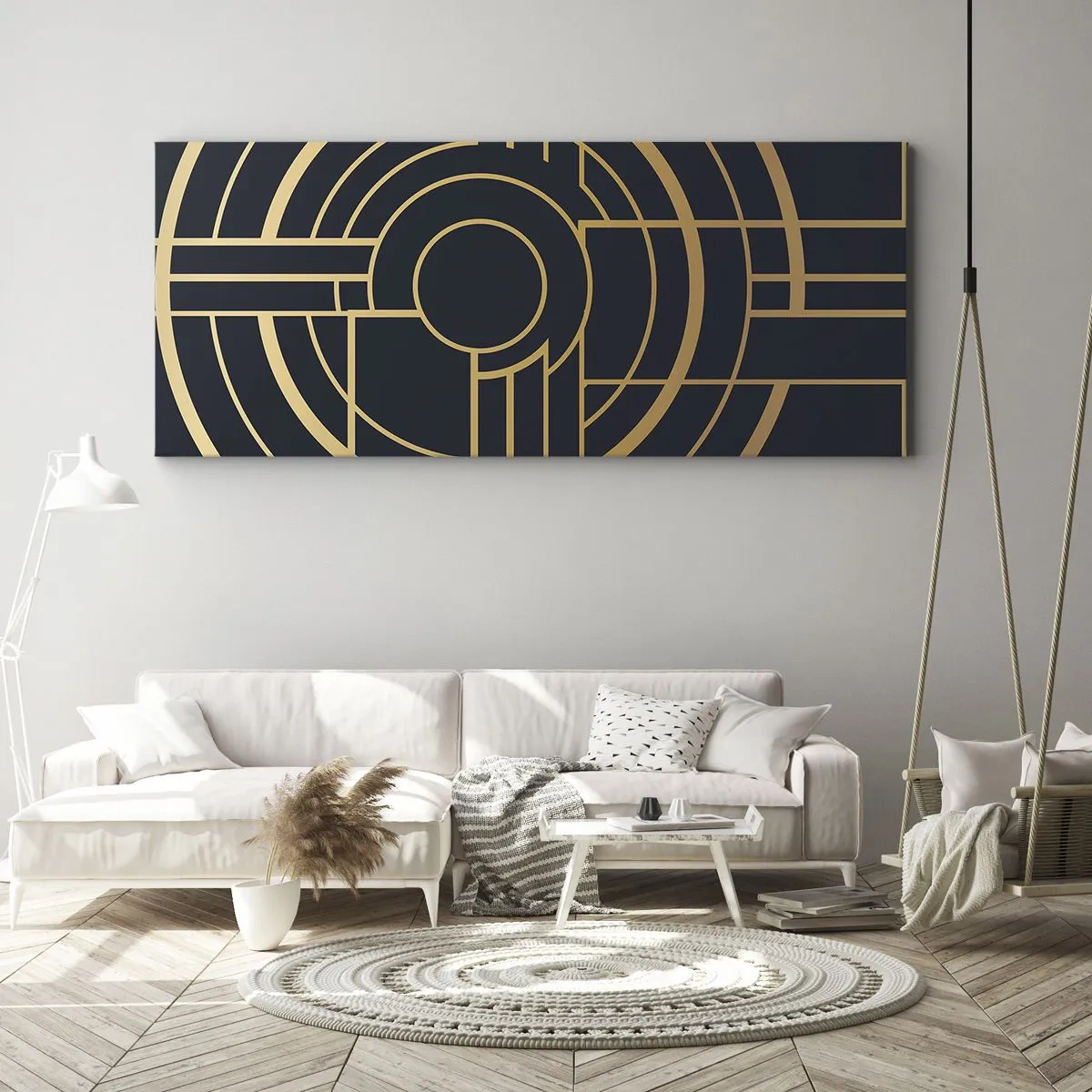 Obraz na płótnie - Geometryczny wzór z liniami w złotym kolorze - 140x50cm - Obroty rzeczy - Nowoczesna dekoracja ścienna do salonu i sypialni ARTTOR