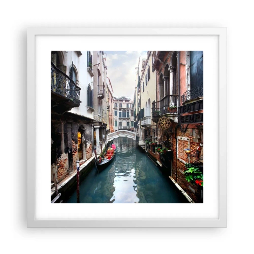 Plakat w białej ramie - Pejzaż wenecki z gondolą i mostkiem - 40x40 cm