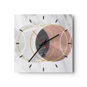 Zegar ścienny - Abstrakcyjna kompozycja geometryczna z kołami i metalicznymi detalami - 30x30cm - Muzyka sfer - Nowoczesna dekoracja ścienna do salonu i sypialni ARTTOR
