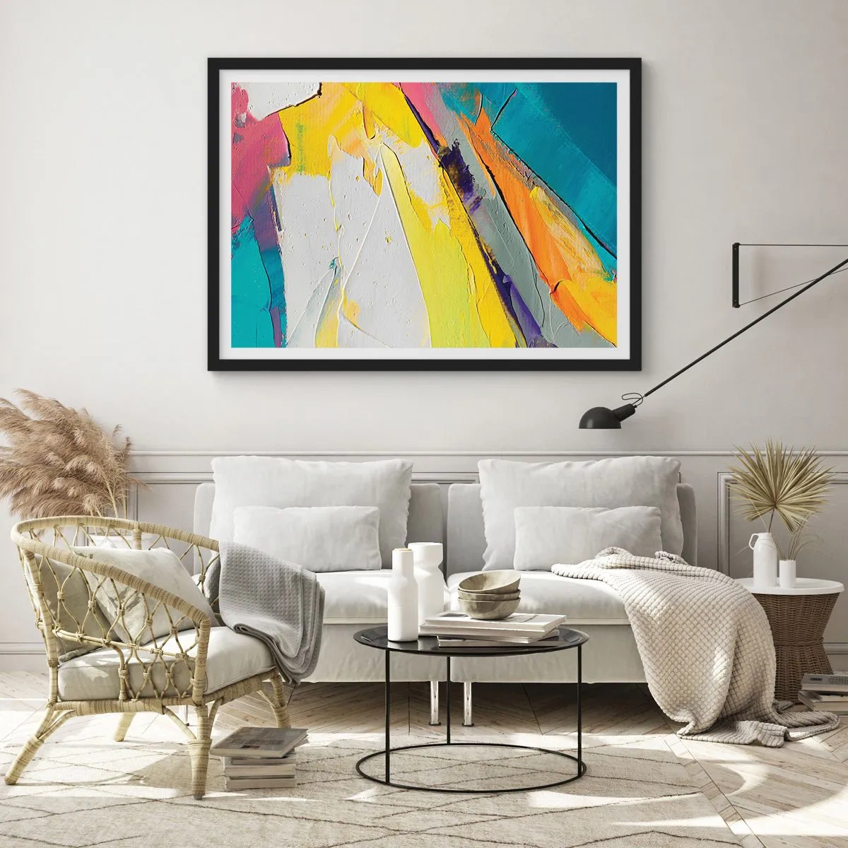 Plakat w czarnej ramie - Abstrakcyjna kompozycja w intensywnych barwach - 70x50cm - Anatomia światła - Nowoczesna dekoracja ścienna do salonu i sypialni ARTTOR