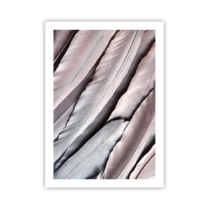 Plakat - Zbliżenie na delikatne, pastelowe pióra - 50x70cm - W różowej srebrzystości - Nowoczesna dekoracja ścienna do salonu, kuchni i sypialni ARTTOR