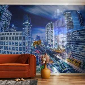 Fototapeta Standard Eco - Nowoczesne miasto nocą z dynamiczną architekturą - 100x70cm - Rytmy nocnego miasta - Nowoczesna dekoracja ścienna do salonu i sypialni ARTTOR