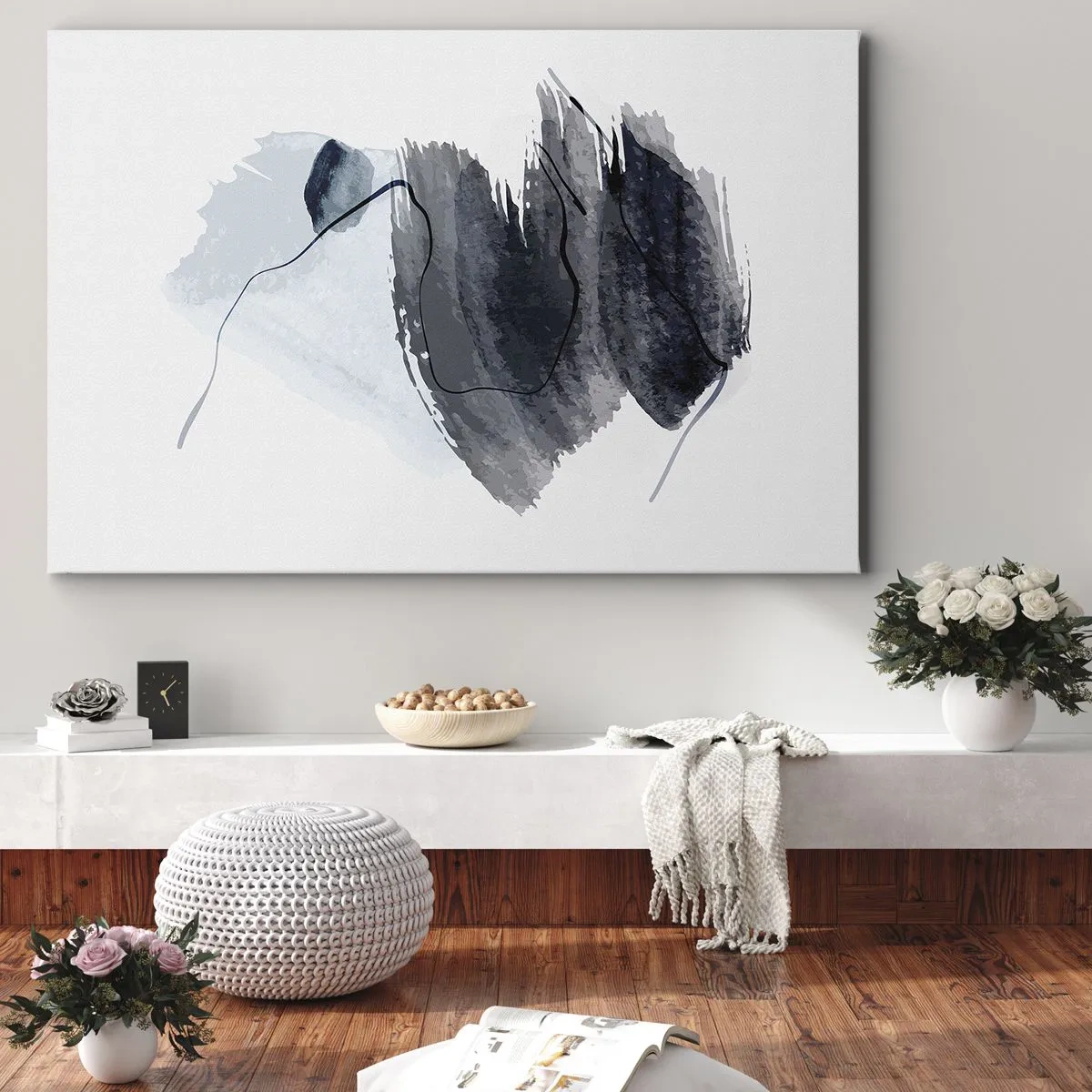 Obraz na płótnie - Abstrakcyjna kompozycja w odcieniach szarości i błękitu - 70x50cm - Intensywność i ruch - Nowoczesna dekoracja ścienna do salonu i sypialni ARTTOR
