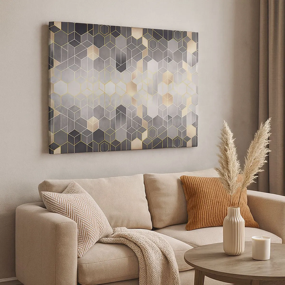 Obraz na płótnie - Geometryczny wzór w złotych odcieniach - 70x50cm - Diamentowa kompozycja - Nowoczesna dekoracja ścienna do salonu i sypialni ARTTOR