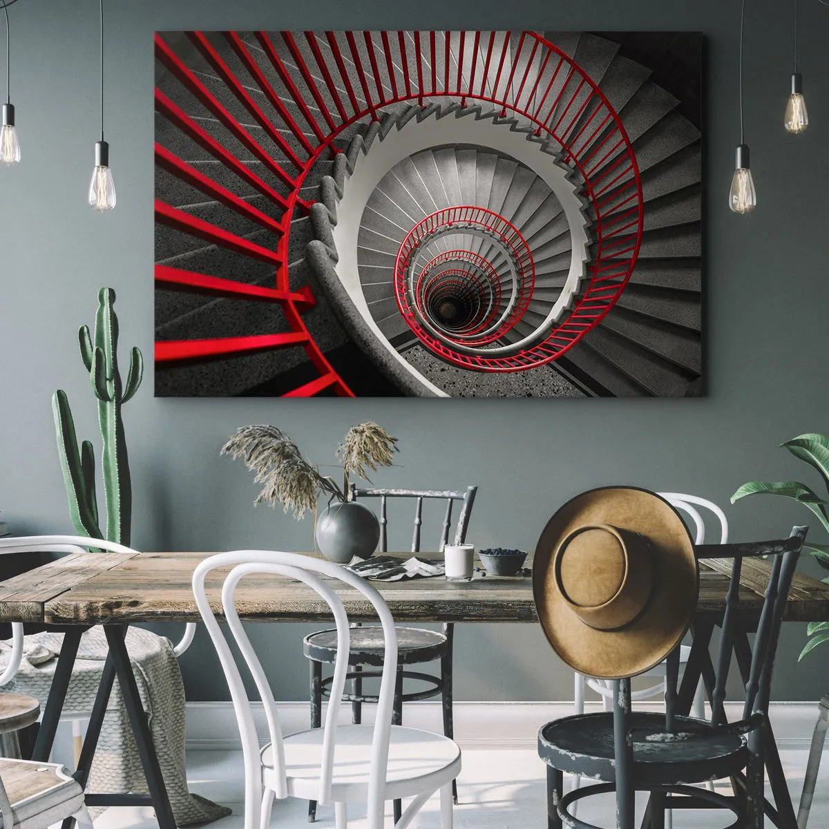 Obraz na płótnie - Spiralne schody z czerwonymi poręczami w dynamicznej perspektywie - 70x50cm - Zabawy architektury - Nowoczesna dekoracja ścienna do salonu i sypialni ARTTOR