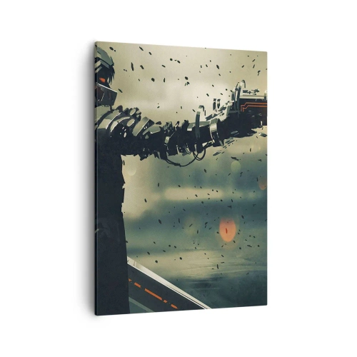 Obraz na płótnie - Dynamiczna postać z futurystycznym ramieniem w abstrakcyjnym stylu - 50x70cm - Zabójcza broń - twój własny Terminator - Nowoczesna dekoracja ścienna do salonu, kuchni i sypialni ARTTOR