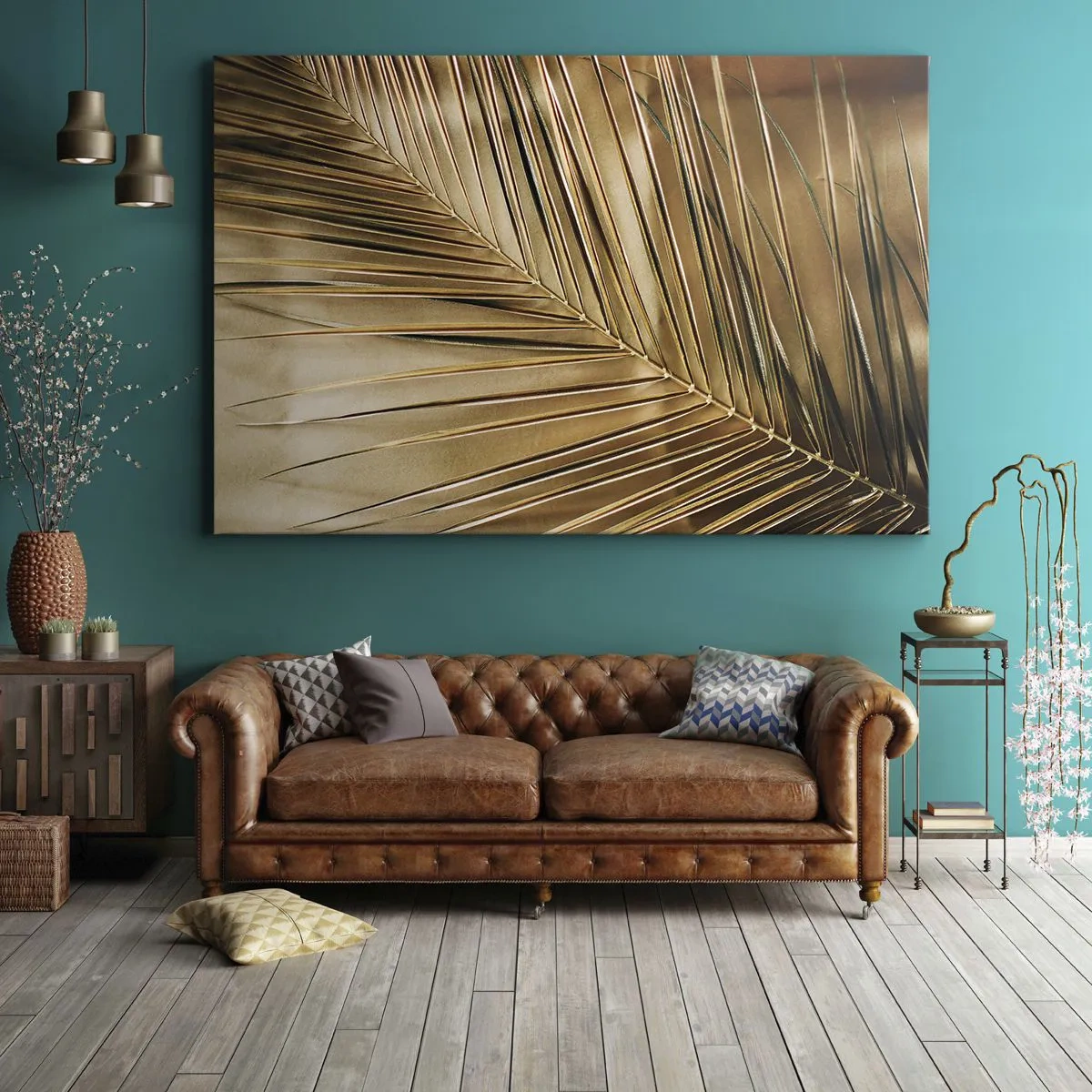 Obraz na płótnie - Złota liść palmy na jednolitym tle - 70x50cm - Naturalna kolumnada - Nowoczesna dekoracja ścienna do salonu i sypialni ARTTOR