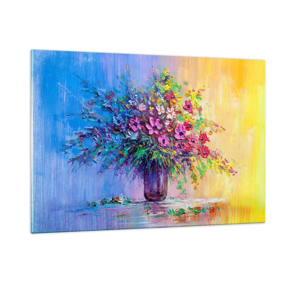 Obraz na szkle - Kolorowy bukiet kwiatów w wazonie na abstrakcyjnym tle - 120x80cm - Dar letnirj łąki - Nowoczesna dekoracja ścienna do salonu, kuchni i sypialni ARTTOR