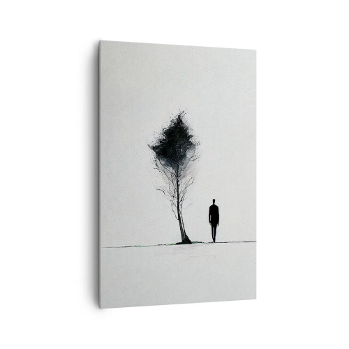 Obraz na płótnie - Minimalistyczna sylwetka człowieka obok drzewa na białym tle - 80x120cm - Wszyscy wędrujemy - Nowoczesna dekoracja ścienna do salonu i sypialni ARTTOR