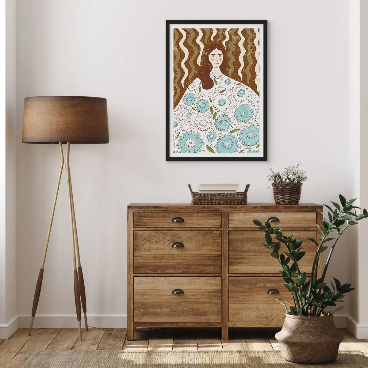 Plakat w czarnej ramie - Stylizowany portret kobiety z kwiatową suknią na tle falistych wzorów - 50x70cm - Portret w kwiecistej szacie - Nowoczesna dekoracja ścienna do salonu i sypialni ARTTOR