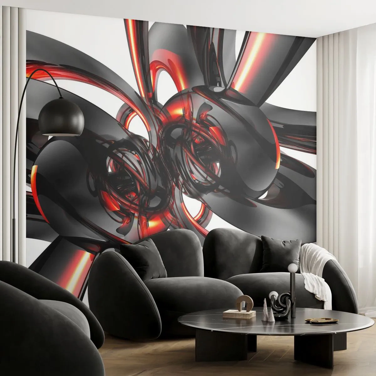 Fototapeta Premium Sand - Abstrakcyjne czarne formy z czerwonymi akcentami - 100x70cm - Ruch w graficie i czerwieni - Nowoczesna dekoracja ścienna do salonu, kuchni i sypialni ARTTOR