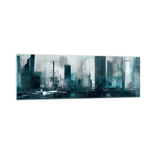Obraz na szkle - Nowoczesne miasto w odcieniach turkusu i szarości - 160x50cm - Miasto w kolorze deszczu - Nowoczesna dekoracja ścienna do salonu i sypialni ARTTOR
