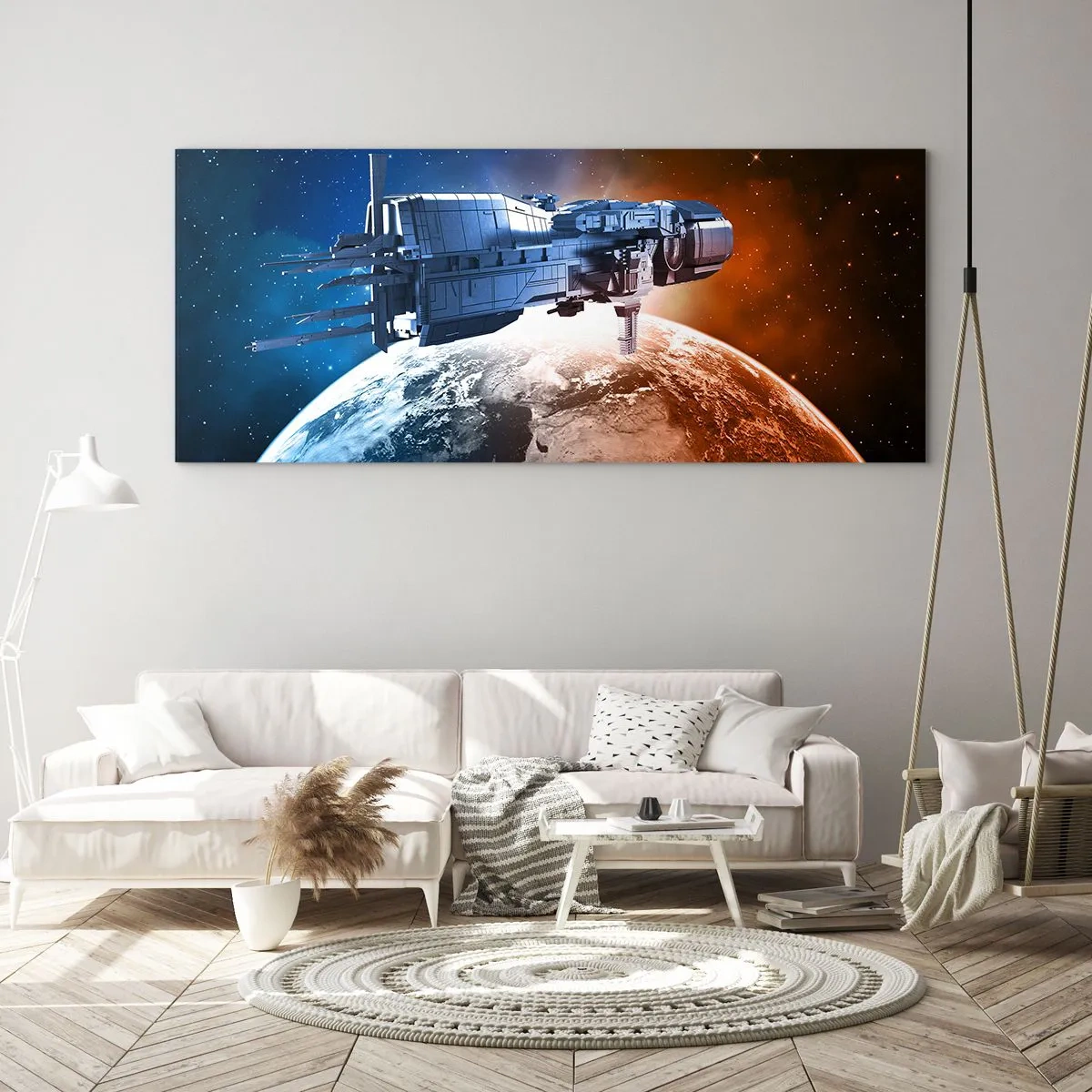 Obraz na szkle - Statek kosmiczny na tle planety w przestrzeni - 140x50cm - Uważny obserwator - Nowoczesna dekoracja ścienna do salonu i sypialni ARTTOR