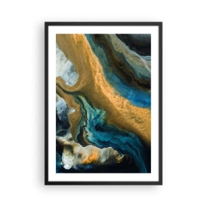 Plakat w czarnej ramie - Abstrakcyjna kompozycja w odcieniach złota i niebieskiego - 50x70cm - Niebieski – zółty – wzajemne wpływy - Nowoczesna dekoracja ścienna do salonu i sypialni ARTTOR