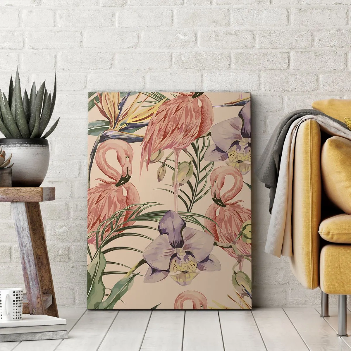 Obraz na płótnie - Egzotyczne flamingi i tropikalne kwiaty - 50x70cm - Różowy balet w kwiatach - Nowoczesna dekoracja ścienna do salonu, kuchni i sypialni ARTTOR