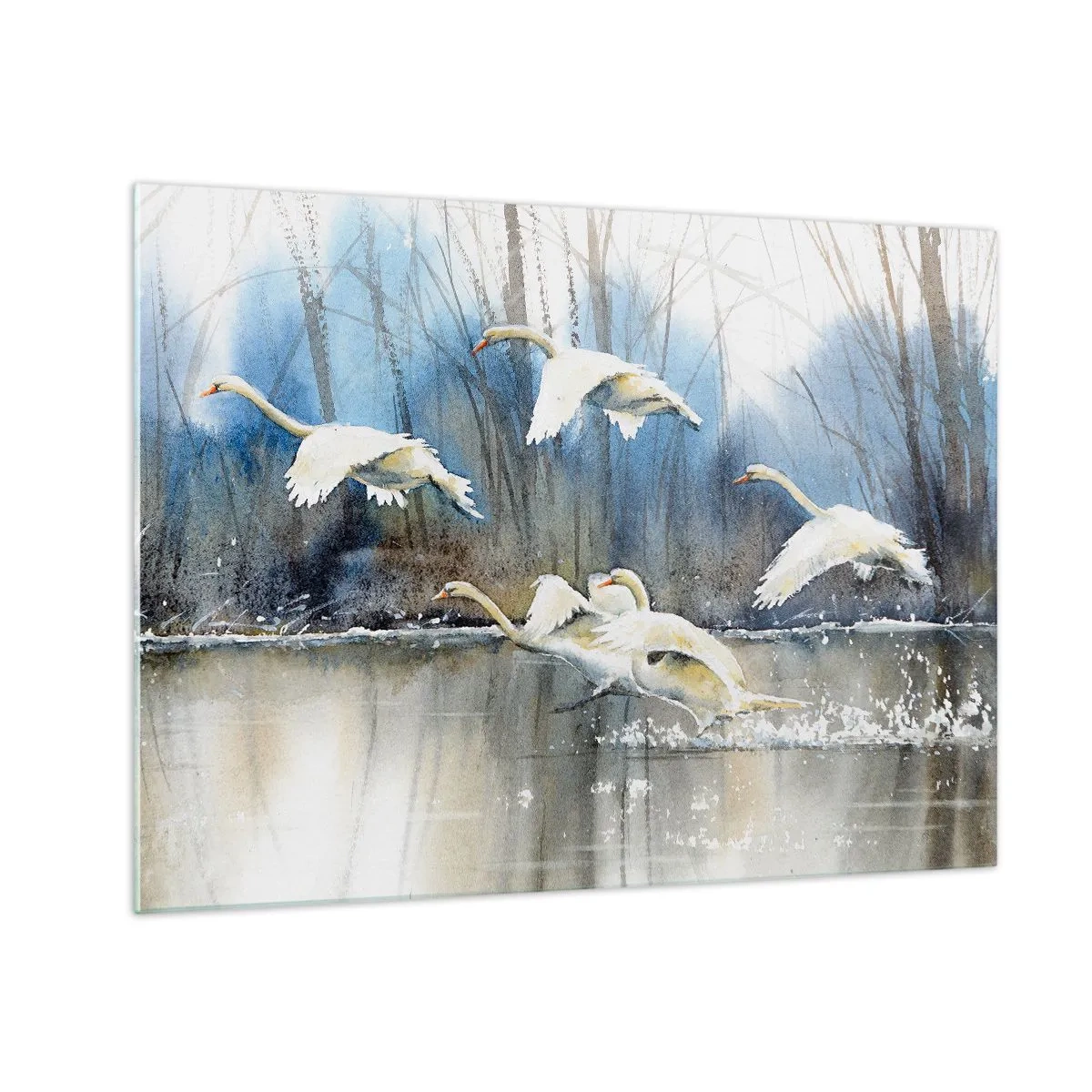 Obraz na szkle - Dziko lecące łabędzie nad spokojnym leśnym jeziorem - 70x50cm - Jak w baśni o dzikich łabędziach - Nowoczesna dekoracja ścienna do salonu i sypialni ARTTOR