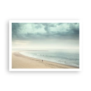 Plakat - Samotna postać na opustoszałej plaży przy spokojnym morzu - 100x70cm - w poszukiwaniu spokoju - Nowoczesna dekoracja ścienna do salonu i sypialni ARTTOR