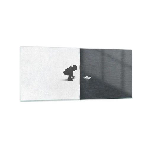 Obraz na szkle - Postać dziecka z papierową łódką na tle kontrastowych połówek - 120x50cm - Wielka wyprawa - Nowoczesna dekoracja ścienna do salonu i sypialni ARTTOR