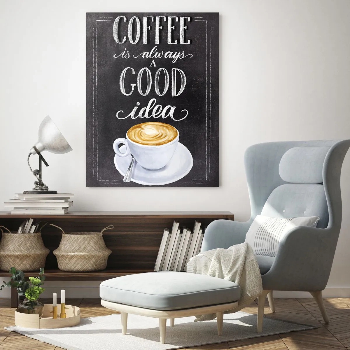 Obraz na szkle - Tablicowa grafika z napisem 'Coffee is always a good idea' i filiżanką kawy - 70x100cm - Of course! - Nowoczesna dekoracja ścienna do salonu i sypialni ARTTOR