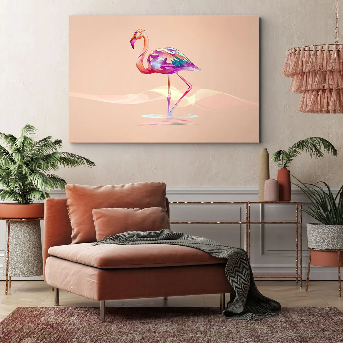 Obraz na płótnie - Abstrakcyjny flaming w jasnej, pastelowej kolorystyce - 120x80cm - Ptak dobrych emocji - Nowoczesna dekoracja ścienna do salonu, kuchni i sypialni ARTTOR