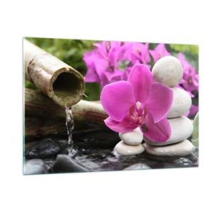 Obraz na szkle - Fioletowa orchidea, kamienie i bambusowy wodospad - 120x80cm - Już odpoczywasz - Nowoczesna dekoracja ścienna do salonu, kuchni i sypialni ARTTOR